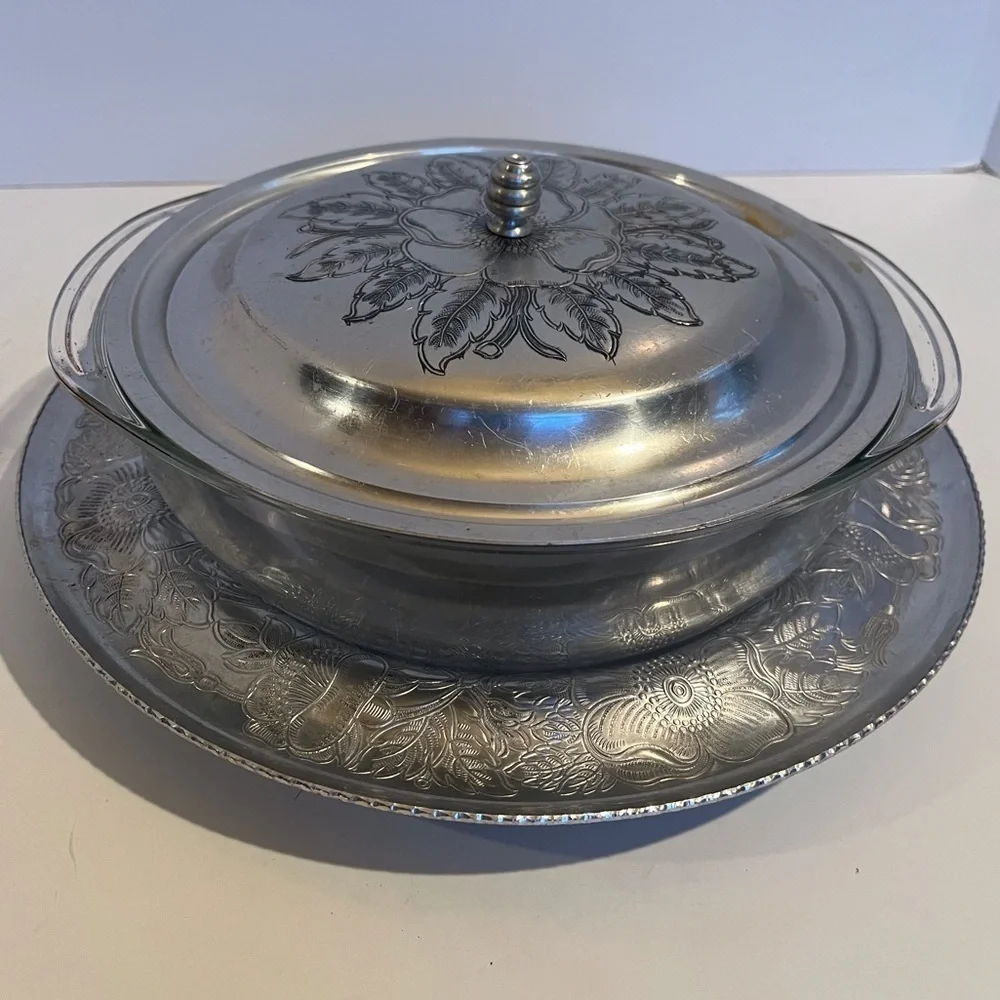 Vintage Pyrex Two Quart Clear Glass Dish with Etched Aluminum Cover and Base
